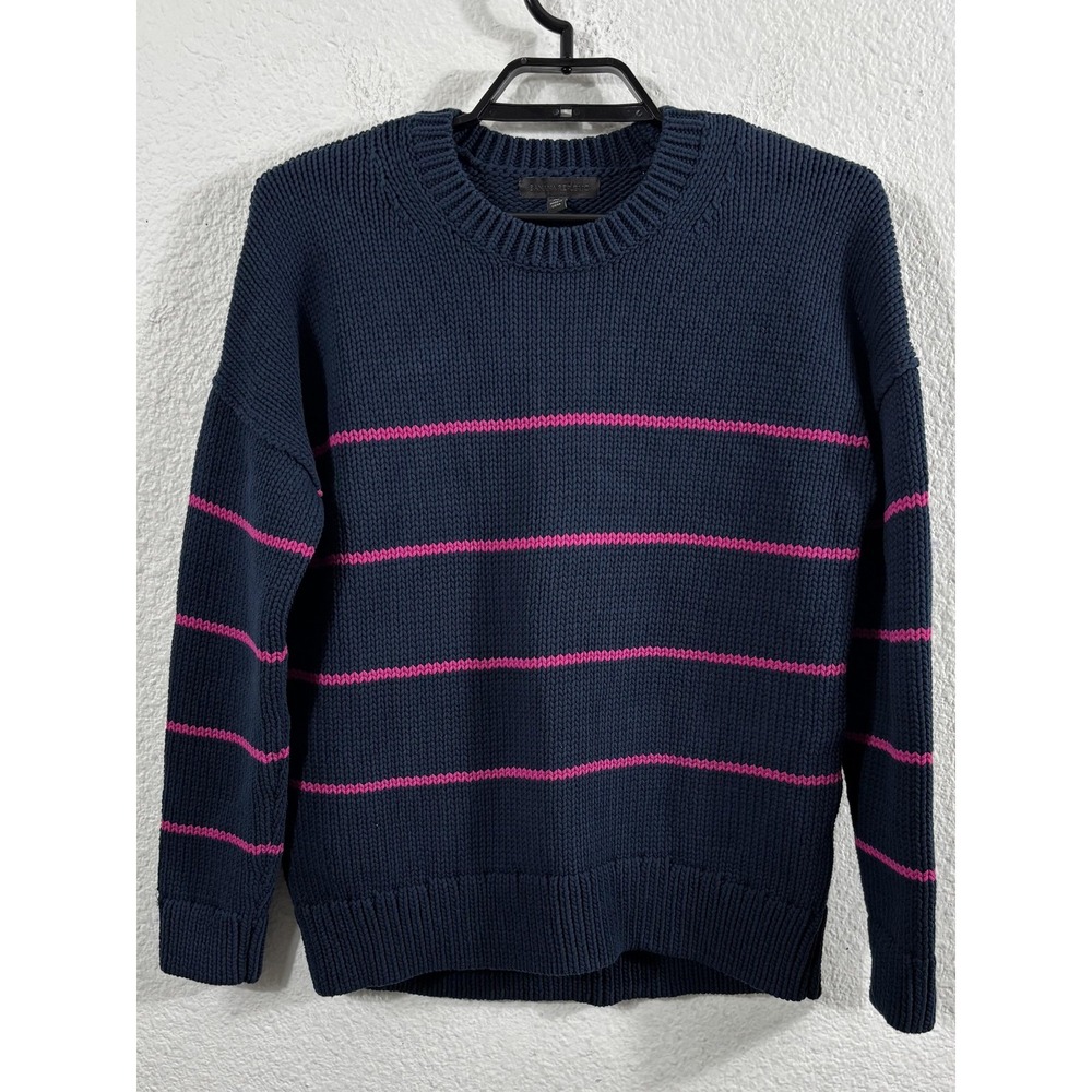 Banana Republic Sweater Mens Medium Blue Fuchsia Striped Knit Crewneck Pullover